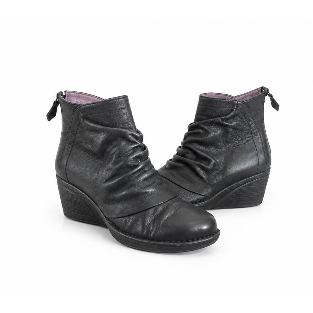 Dansko Black Leather Ankle Boots Women 37 Ruched Wedge Comfort Booties